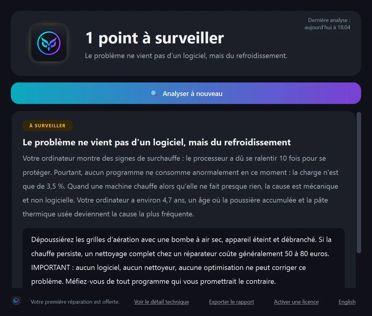 Écran de verdict Nyctale : 1 point à surveiller — le problème ne vient pas d'un logiciel, mais du refroidissement